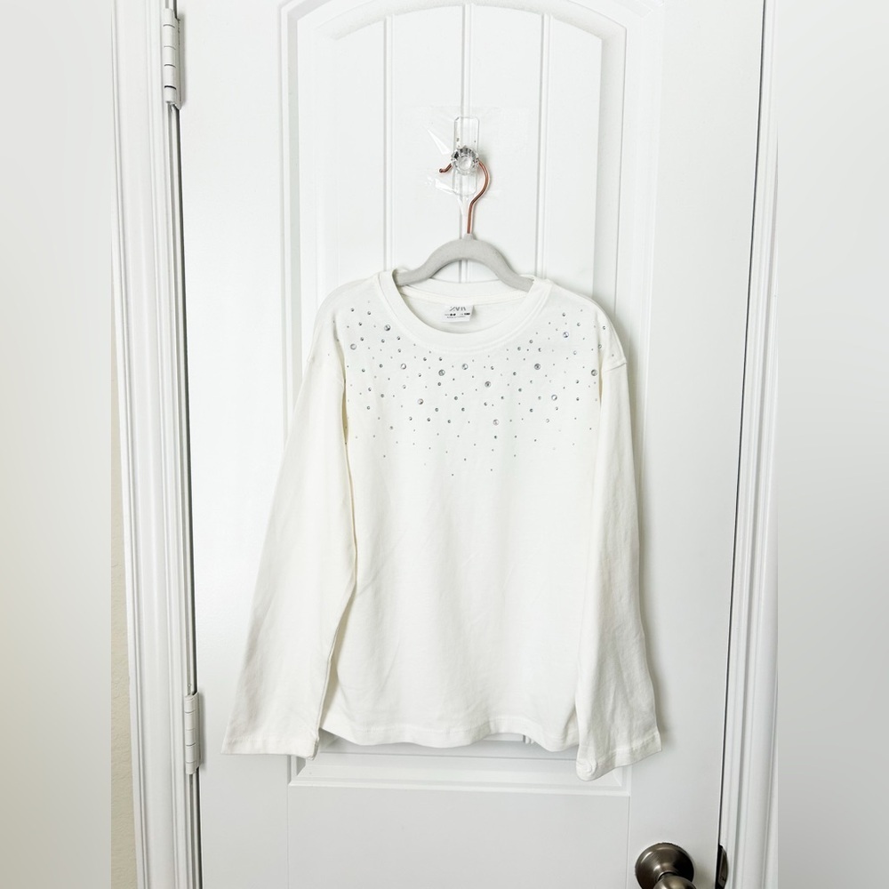 Zara Girls Rhinestone Embellished White Long Sleeve Top Size 8-9